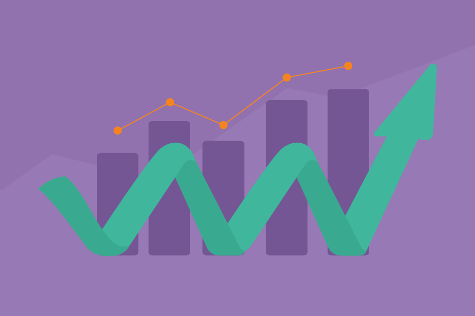 Green arrow on purple background with orange line graph